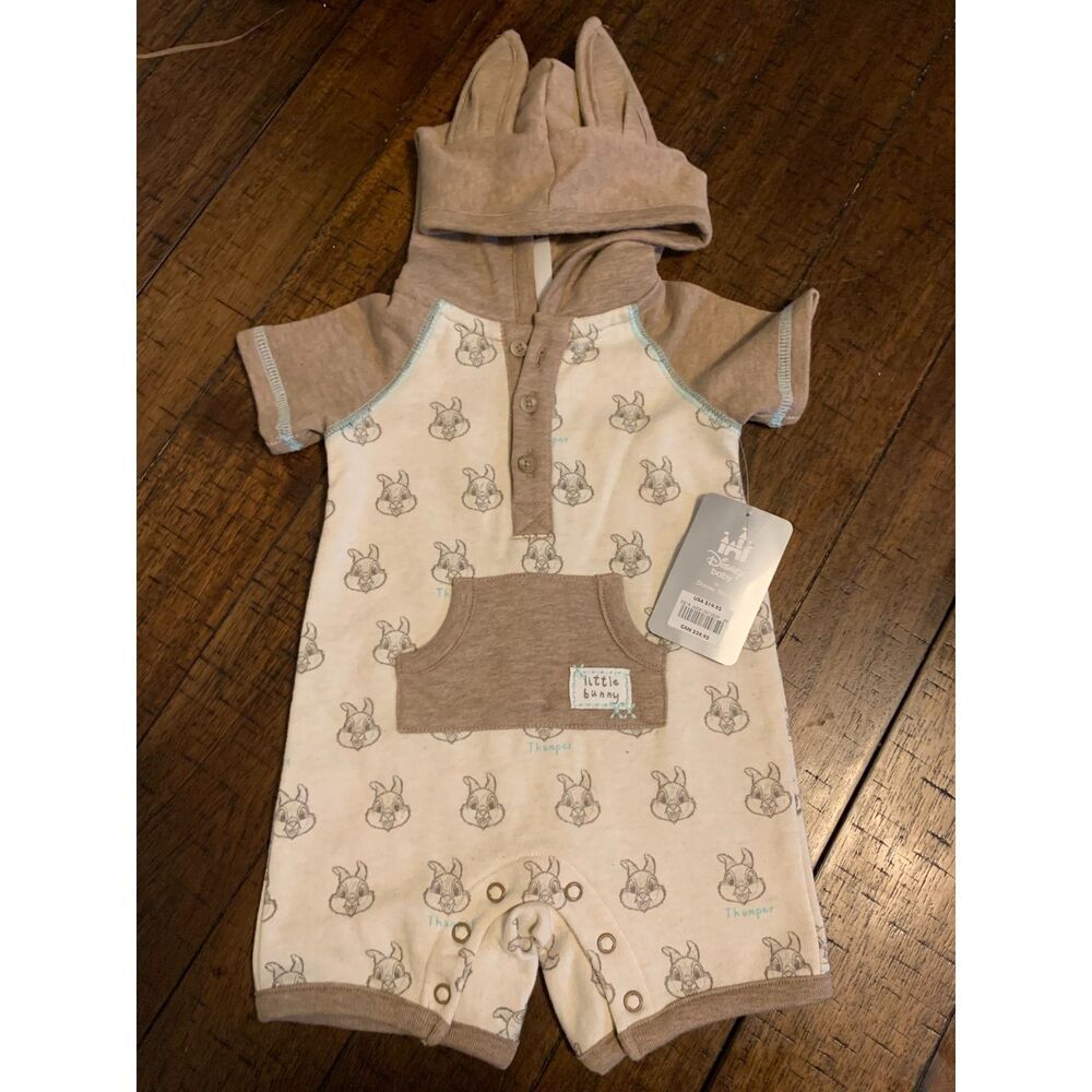 🆕DISNEY BABY BAMBI BUNNY THUMPER ORGANIC COTTON ONESIE 0-3 MONTHS TAN/CREAM